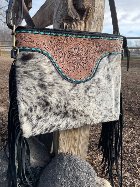 Cowhide Tooled Fringe Purse with Turquoise