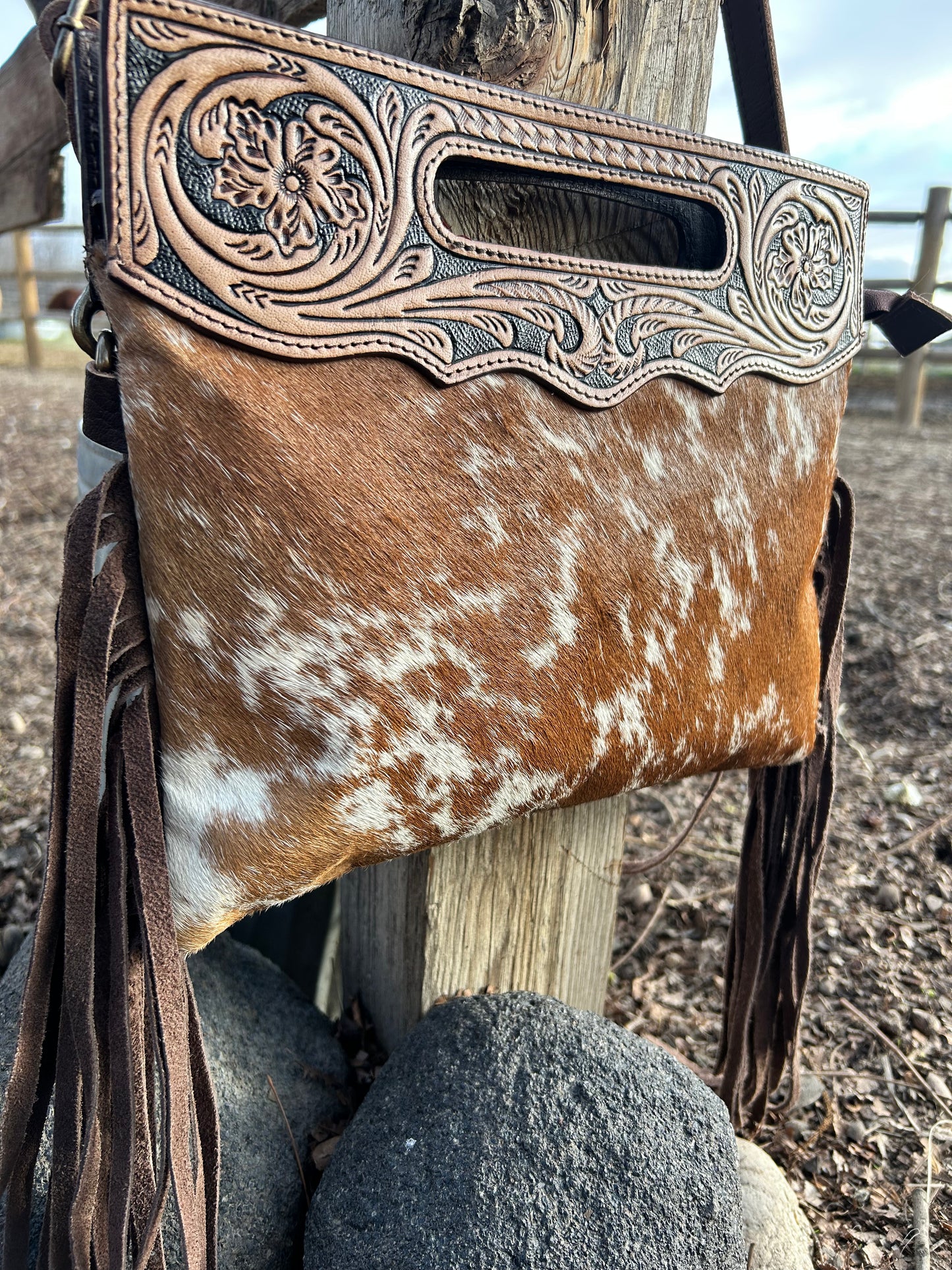 Cowhide Tooled Fringe Purse