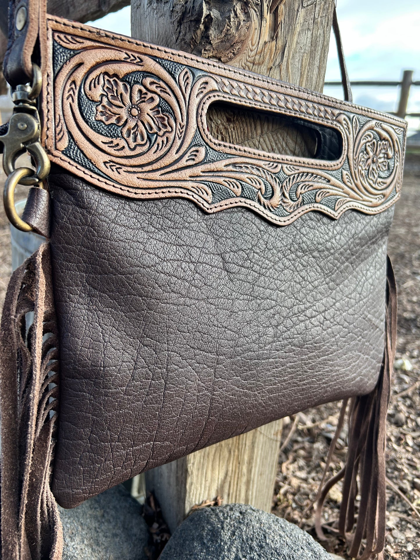 Cowhide Tooled Fringe Purse