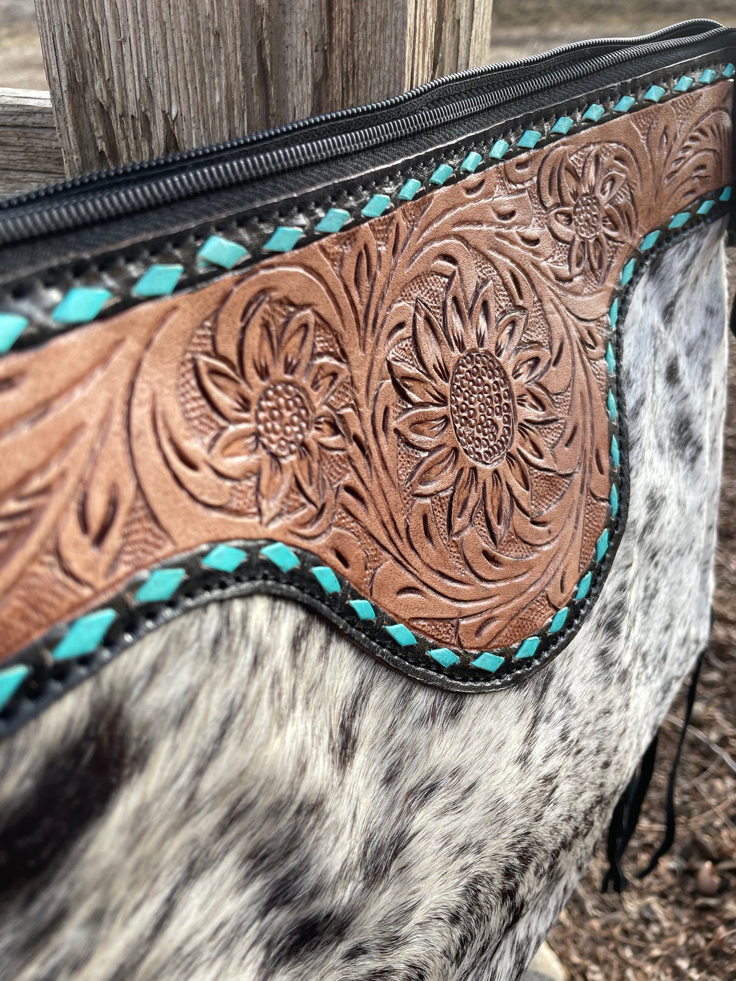 Cowhide Tooled Fringe Purse with Turquoise