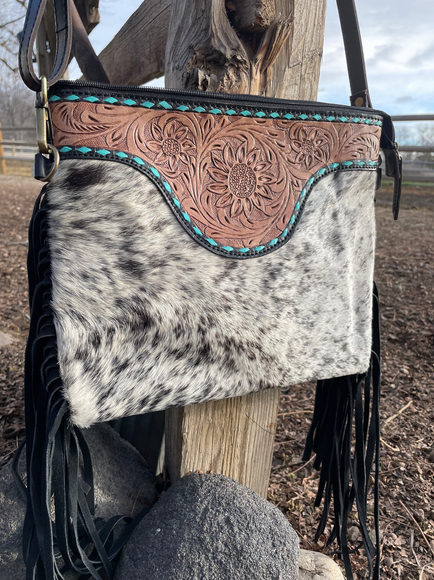 Cowhide Tooled Fringe Purse with Turquoise