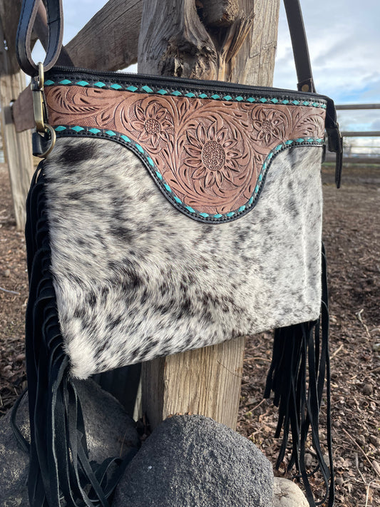 Cowhide Tooled Fringe Purse with Turquoise